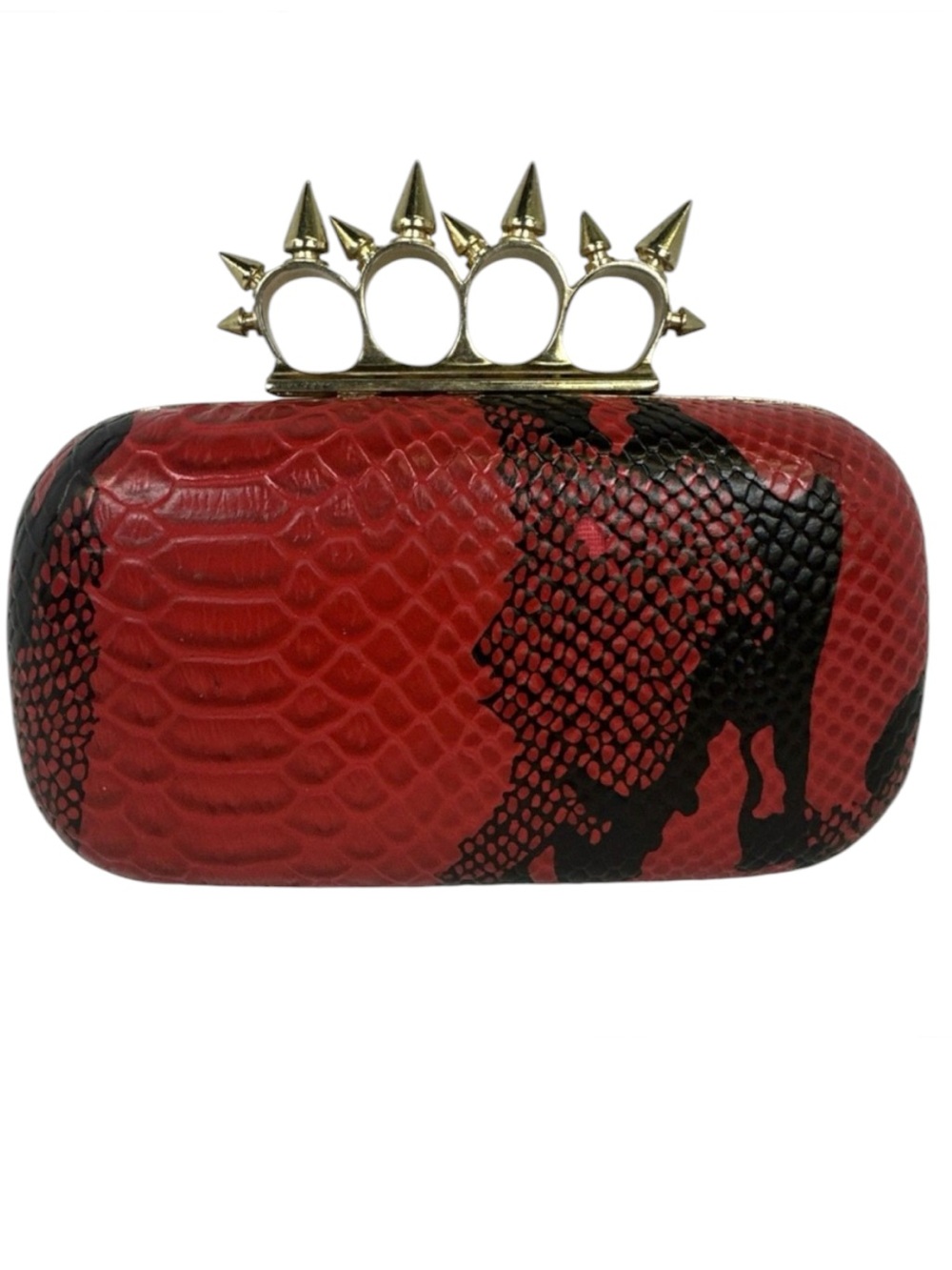 Vintage Red Snake-Embossed Spike Knuckle Clutch Crossbody. - Picture 3 of 12